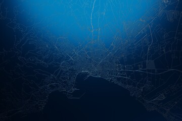 Street map of Palma (Spain) engraved on blue metal background. View with light coming from top. 3d render, illustration