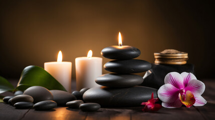 Obraz na płótnie Canvas Massage stones and candles in a Zen spa