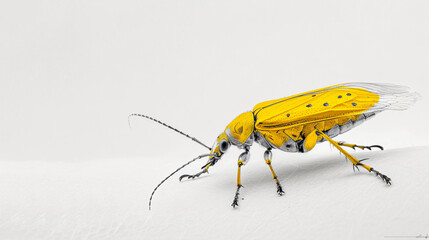 A close up of a yellow insect on a white background