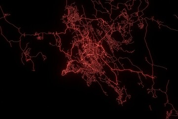 Street map of Port Moresby (Papua) made with red illumination and glow effect. Top view on roads network. 3d render, illustration - obrazy, fototapety, plakaty