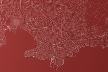 Map of the streets of Montevideo (Uruguay) made with white lines on red background. Top view. 3d render, illustration