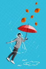 Composite collage picture image of funny man falling autumn leaves umbrella walking protection...