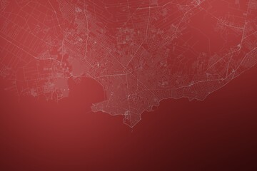 Map of the streets of Montevideo (Uruguay) made with white lines on abstract red background lit by two lights. Top view. 3d render, illustration