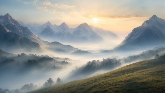 A serene landscape depicting a misty morning in the mountains, with the first rays of sun piercing through the fog Generative AI