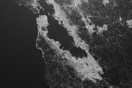 Street map of Bay Area (California, USA) on black paper with light coming from top