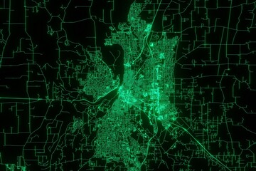 Map of the streets of Salem (Oregon, USA) made with green illumination and glow effect. Top view on roads network. 3d render, illustration - obrazy, fototapety, plakaty
