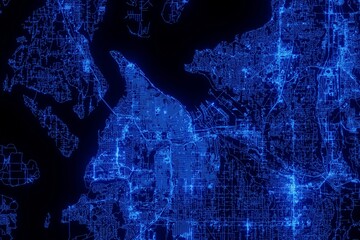 Street map of Tacoma (Washington, USA) made with blue illumination and glow effect. Top view on roads network - obrazy, fototapety, plakaty