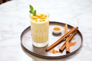 frothy mango lassi with a cinnamon stick