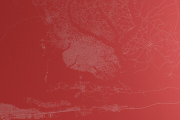 Obraz premium Map of the streets of Porto Novo (Benin) made with white lines on red paper. Top view, rough background. 3d render, illustration