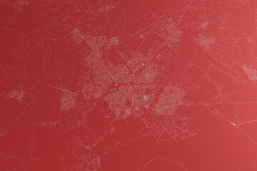 Map of the streets of Gaborone (Botswana) made with white lines on red paper. Top view, rough background. 3d render, illustration