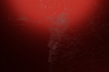 Street map of Bujumbura (Burundi) engraved on red metal background. Light is coming from top. 3d render, illustration