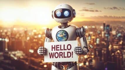 A robot with a hello world sign in front of a cityscape.