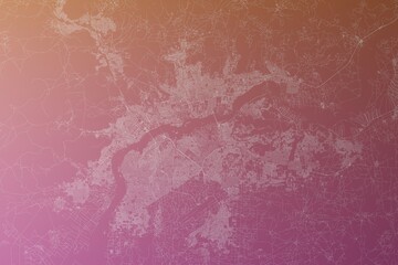 Map of the streets of Bamako (Mali) made with white lines on pinkish red gradient background. Top view. 3d render, illustration