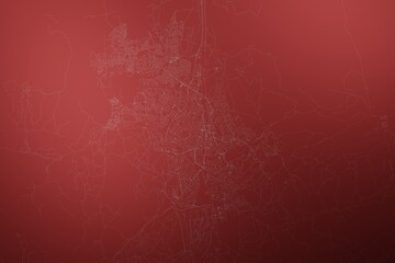 Map of the streets of Windhoek (Namibia) made with white lines on abstract red background lit by two lights. Top view. 3d render, illustration