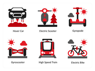 Six Technology Red and Black icons as hover car, electric scooter, gyropode