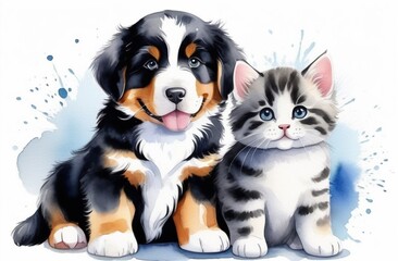 Happy pets. puppy and gray tabby cat on white background.