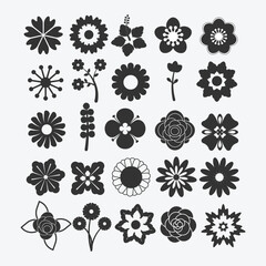 Flower icons. Flower silhouettes. Symbol of floral design. Pattern of daisy, rose and chamomile. Set of cartoon simple graphic shape isolated on white background. Vector.