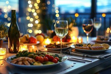 Dining table full of dishes with food,drinks and snacks with night lights bokeh background - obrazy, fototapety, plakaty