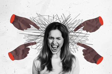Photo collage picture young screaming girl suffer harassment bullying human hands pointing shaming...