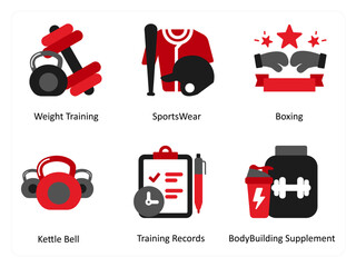 Six business icons in red and black as weight training, sports wear, boxing