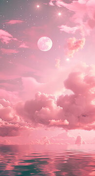 A pretty pink image of moon over the water and clouds. Romantic gentle lyric sceen. Pink color hues.