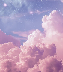 Pink clouds with stars in the background. Dreamy romantic aesthetic concept. Pastel pink and purple colors.