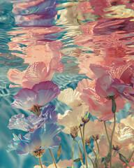 Light pink, purple, yellow flowers underwater. Romantic retro style photography. Spring floral aesthetic.