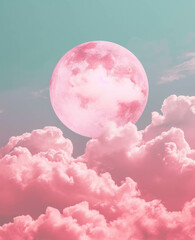 The pink moon above pink clouds in the light aquamarine blue sky. Retro future dreamlike aesthetic. Surreal sceen.