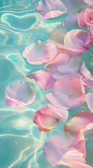 Rose petals floating in the water. Irridescent modern aesthetic colors. Pastel pink and blue aquamarine hues. Spring summer concept.