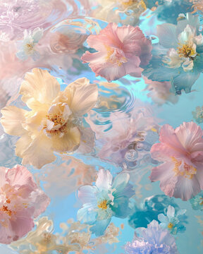 An image of flowers floating in the water. Light pastel hues aesthetic. Romantic spring floral concept.