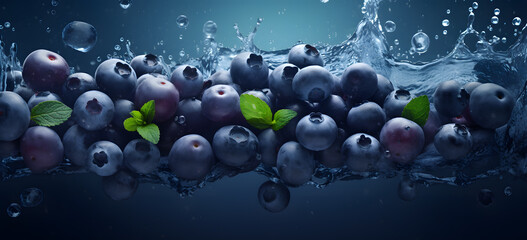 fresh blueberries splashed with water on black and blurry background