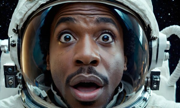 Surprised african american man astronaut on a mission