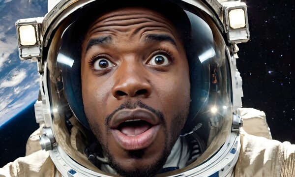 Surprised african american man astronaut on a mission