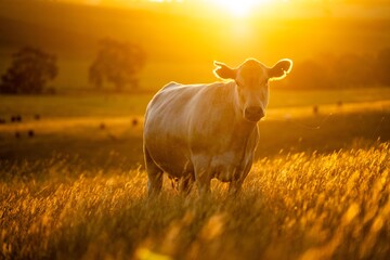 stud wagyu cows and bull in a sustainable agriculture field in summer. fat cow in a field. mother...