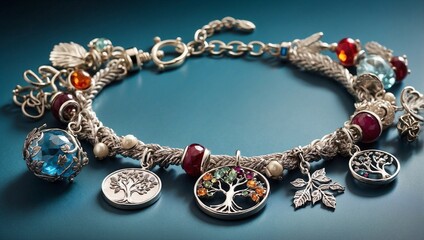 An elegant silver bracelet with charms representing the four seasons, each detailed with appropriate gemstones Generative AI