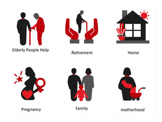 Six business icons in red and black as elderly, retirement, home
