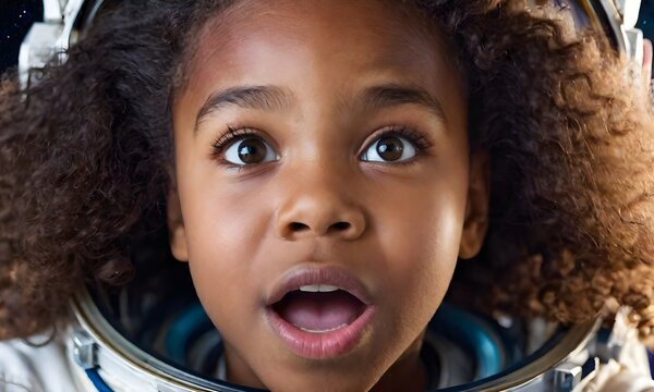 Surprised african american girl astronaut on a mission