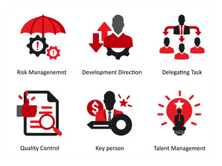 Six business icons in red and black as risk management, development direction, delegating task 