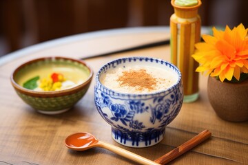 rice pudding drink served in traditional pottery with a wooden spoon