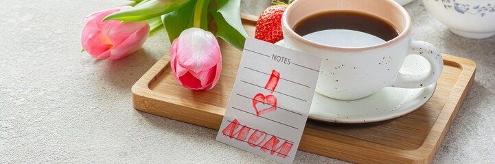 Happy mother's day, beautiful breakfast, lunch with cup of coffee (cappuccino) fresh croissants, strawberries on tray, bouquet of tulips as gift. - Powered by Adobe