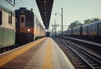 Fototapeta na wymiar Retro steam train departs from the railway station at sunset.