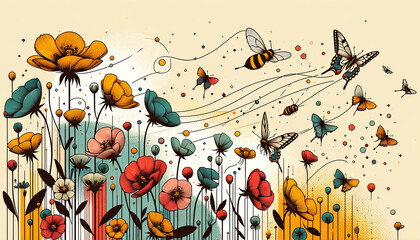 Whimsical Bees and Butterflies Amongst Blooming Wallflowers, artistic illustration - obrazy, fototapety, plakaty