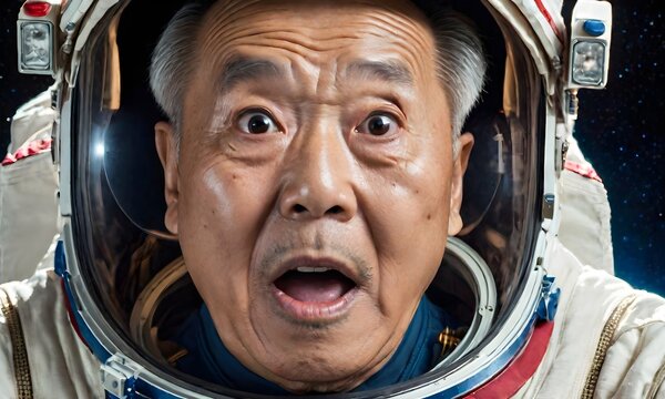 Surprised asian elder man astronaut on a mission