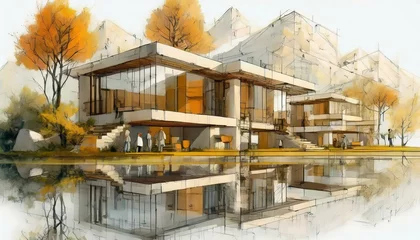 Tapeten Architectural Sketch of Real Estate - Colored Schematic Drawing of Property - Eco-friendly Concept with Pencils and Inkt. Modern Building. © Eggy