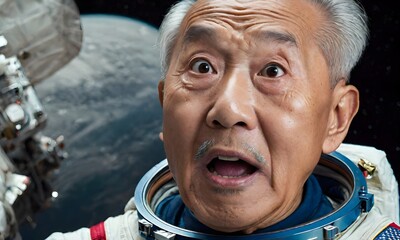 Surprised asian elder man astronaut on a mission