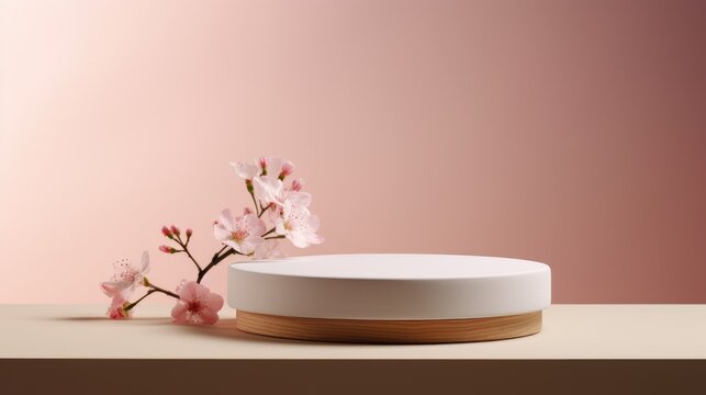 pink spring mockup, product display podium, bloom branches 