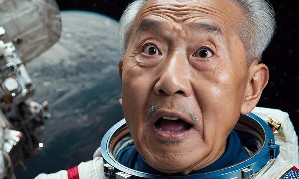 Surprised asian elder man astronaut on a mission