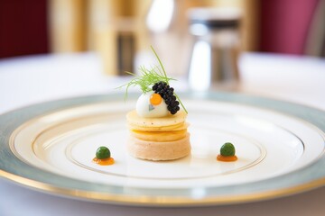 caviar on a small blini with cream and chives - obrazy, fototapety, plakaty
