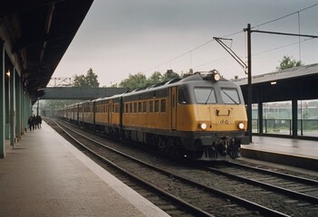 Fototapeta premium Retro steam train departs from the railway station at sunset.
