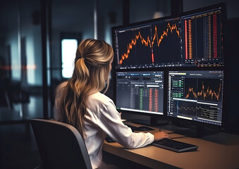 Business woman sits and looks at stock market graph on computer screen at office Generative AI